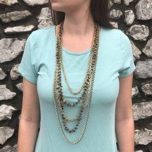 Multi Strand Gold Layer Necklace and Natural Stone